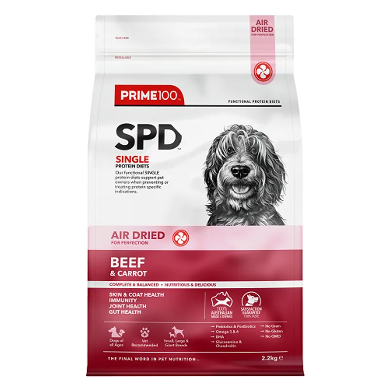Prime100 SPD Air Dried Beef and Carrot Dog Food 2.2kg premium Australian single protein air dried dog food