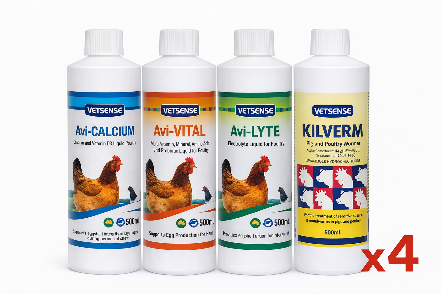 Vetsense Poultry Bundle with 500mL Avi-VITAL Avi-LYTE Avi-CALCIUM and Kilverm for backyard chickens and poultry
