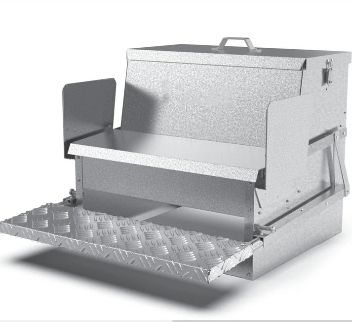 Metal toolbox with open lid on a white background