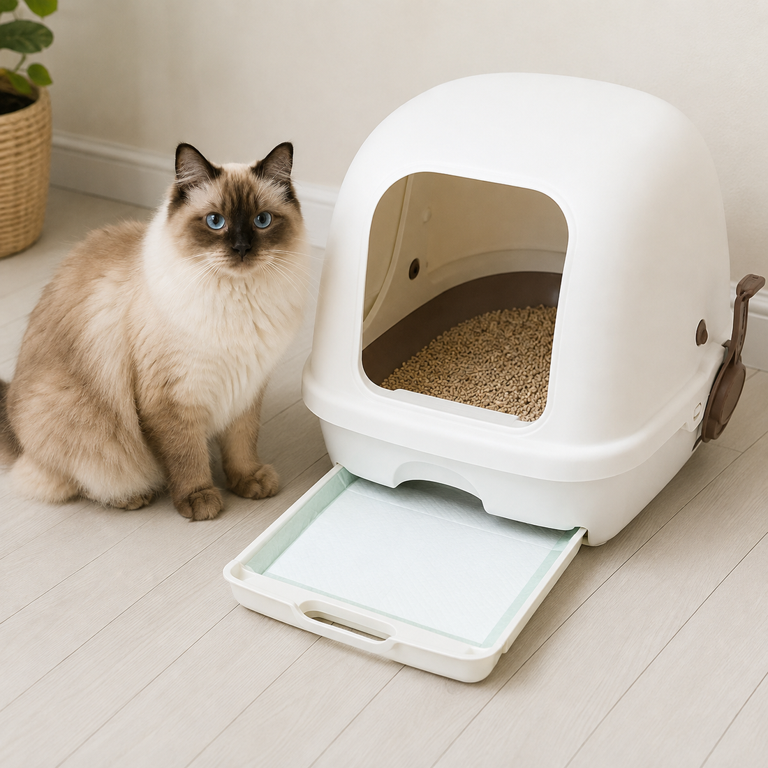 A dual-layer cat litter system beside a traditional clumping litter tray showing the difference between zeolite pellets and clumping cat litter.