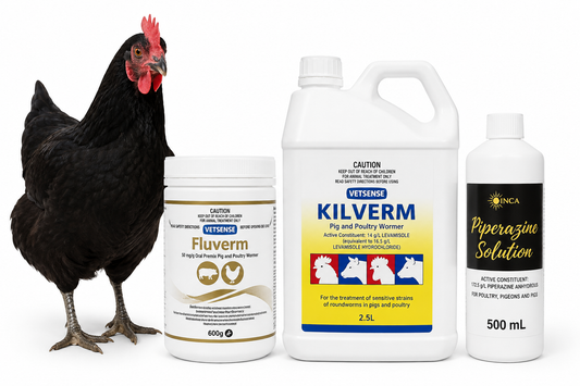 Chicken wormers including Fluverm, Kilverm and Piperazine beside backyard chickens in Australia