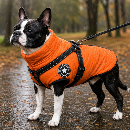 Waterproof dog jacket with built-in harness for rainy weather and winter walks in Australia