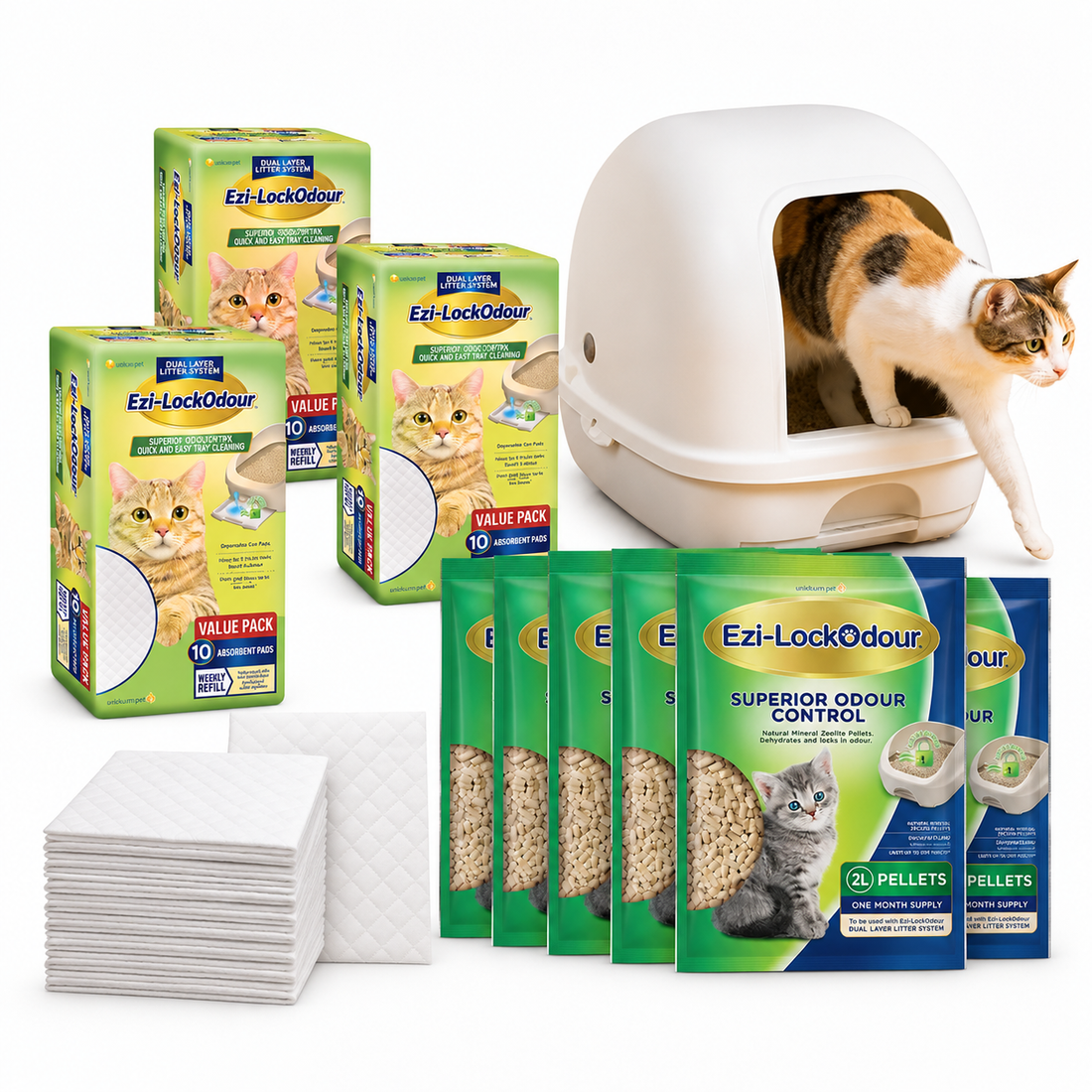 Indoor cat beside an Ezi-LockOdour dual-layer cat litter system with replacement pads and natural mineral zeolite pellets in an Australian home.