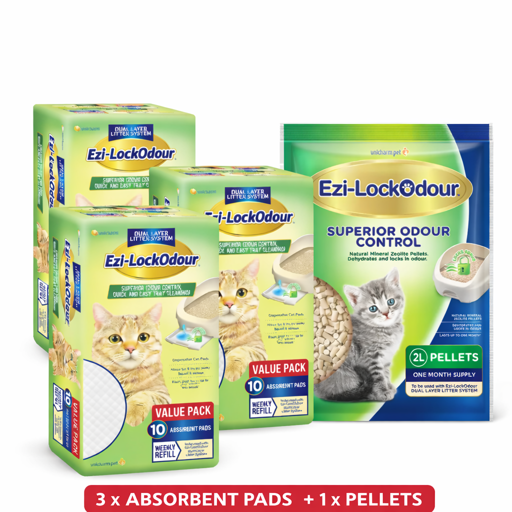 Cat litter refills including absorbent replacement pads and zeolite pellets beside a compatible dual-layer litter system.