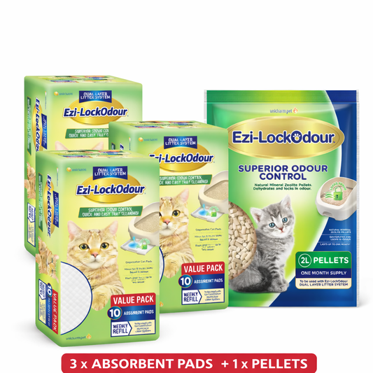 Cat litter refills including absorbent replacement pads and zeolite pellets beside a compatible dual-layer litter system.