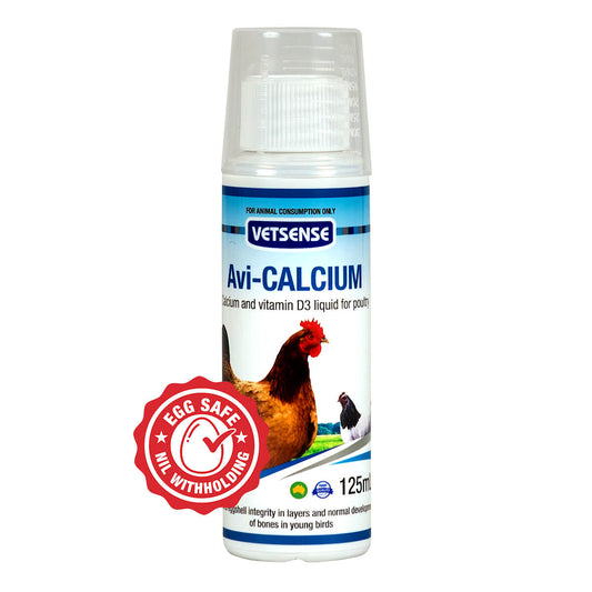 Vetsense Avi-CALCIUM calcium supplement beside laying hen and clean brown eggs in Australia
