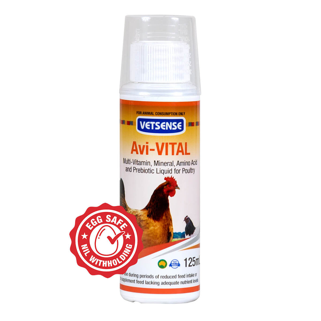 Vetsense Avi-VITAL vitamin supplement beside a healthy backyard laying hen in Australia