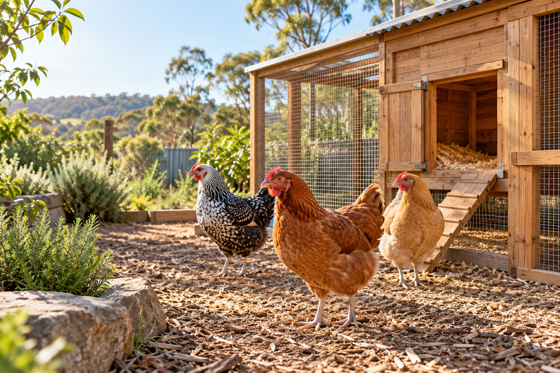 Three backyard hens beside a timber chicken coop in a dry sheltered run