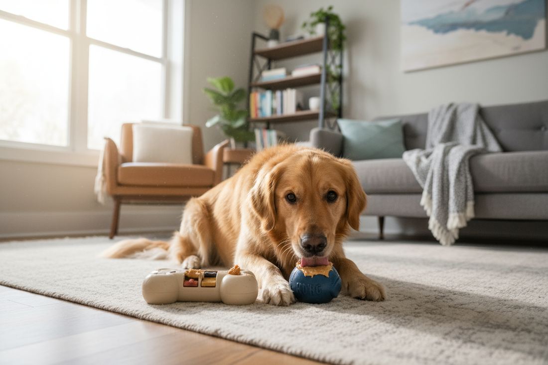 Dog enrichment activities using KONG toys puzzle feeders bully sticks and long lasting dog chews