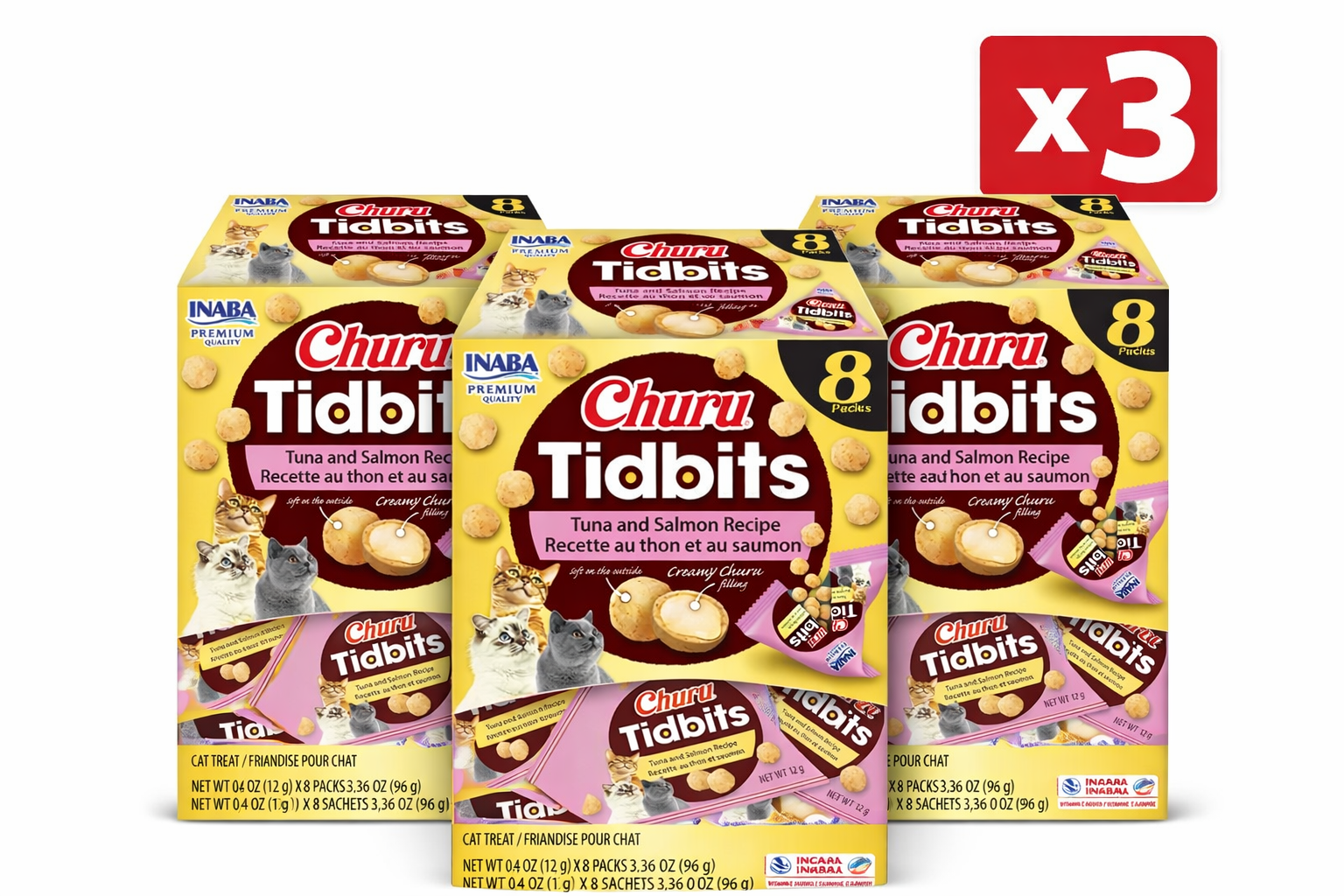 3 x Inaba Churu Cat Tidbits Tuna and Salmon Cat Treats 96g