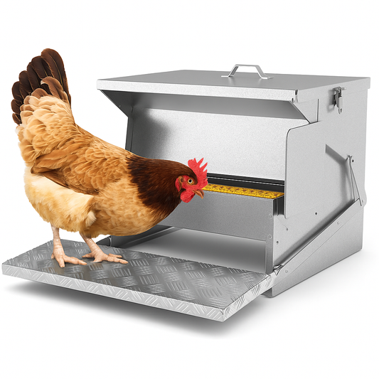 Chicken interacting with a metal poultry feeder on a white background