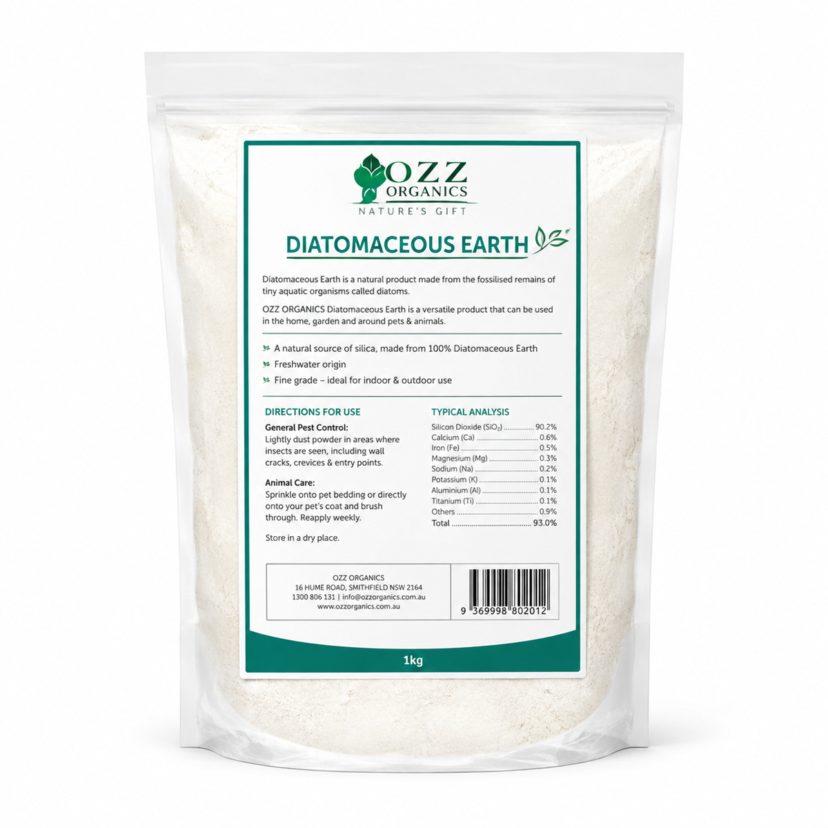 Ozz Organics Diatomaceous Earth 1kg for backyard chickens poultry and hobby farms