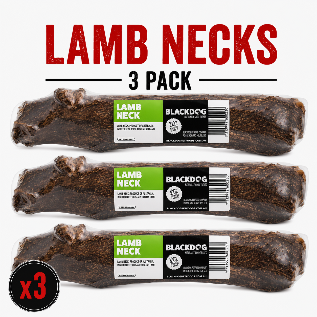 Three natural Blackdog lamb neck dog chews showing the size and texture of the long lasting natural chew.