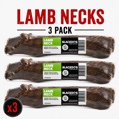 Three natural Blackdog lamb neck dog chews showing the size and texture of the long lasting natural chew.
