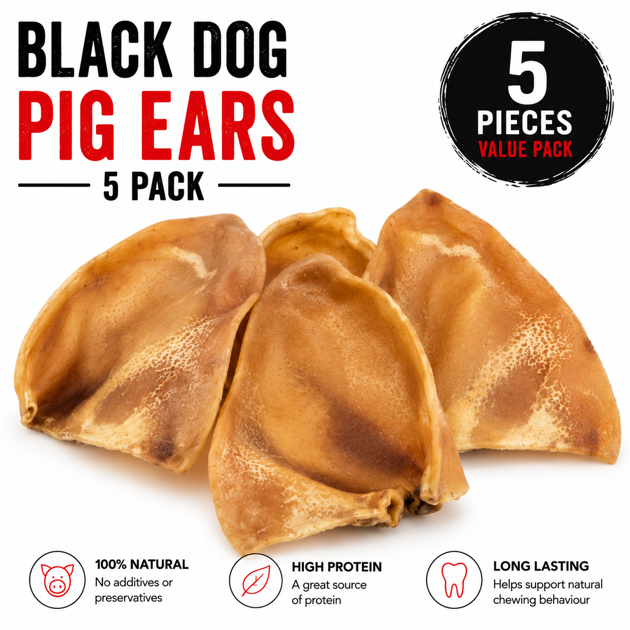 Blackdog Pig Ears 10 Pack showing ten natural pig ear dog chews value pack