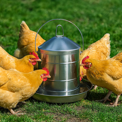 Metal chicken feeder with chickens around on a grassy background