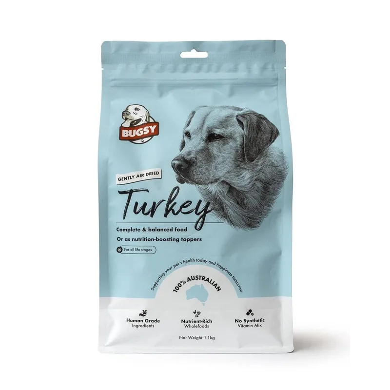 Bugsy's Gently Air Dried Turkey Dog Food 1.1kg Australian made complete air dried dog food with human grade ingredients