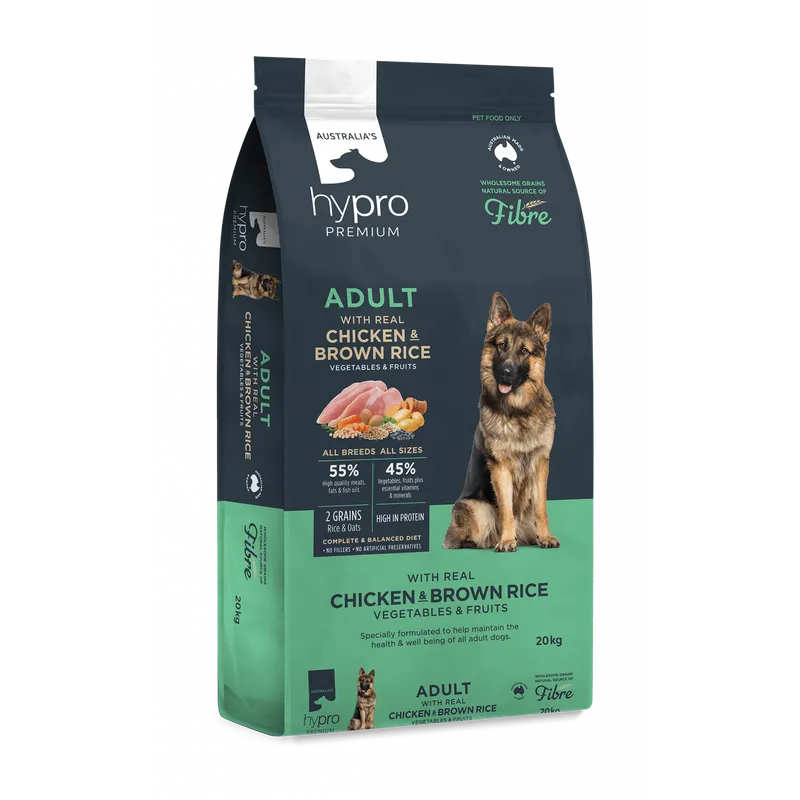 Hypro Premium Adult Chicken and Brown Rice Dog Food 20kg Australian made dry dog food for all breeds and sizes