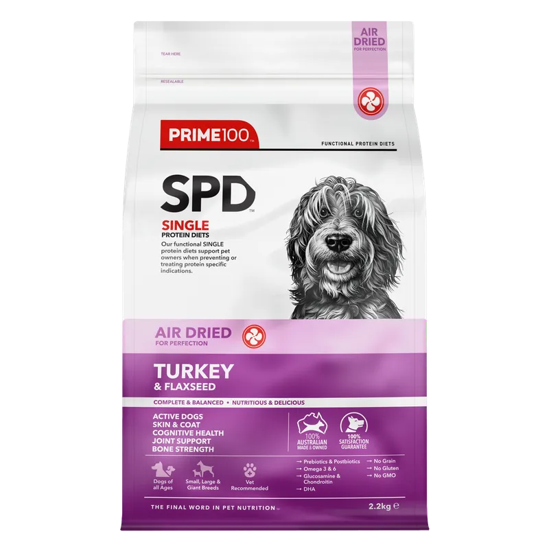 Prime100 SPD Air Dried Turkey and Flaxseed Dog Food 2.2kg premium Australian single protein air dried dog food