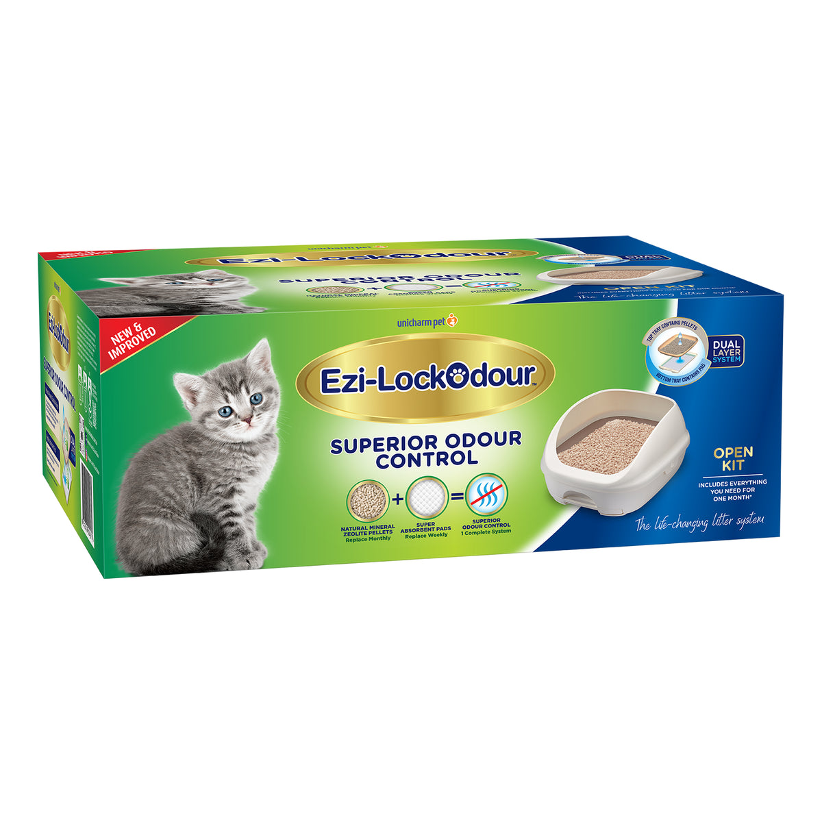 Ezi-LockOdour Open Kit dual layer cat litter system packaging