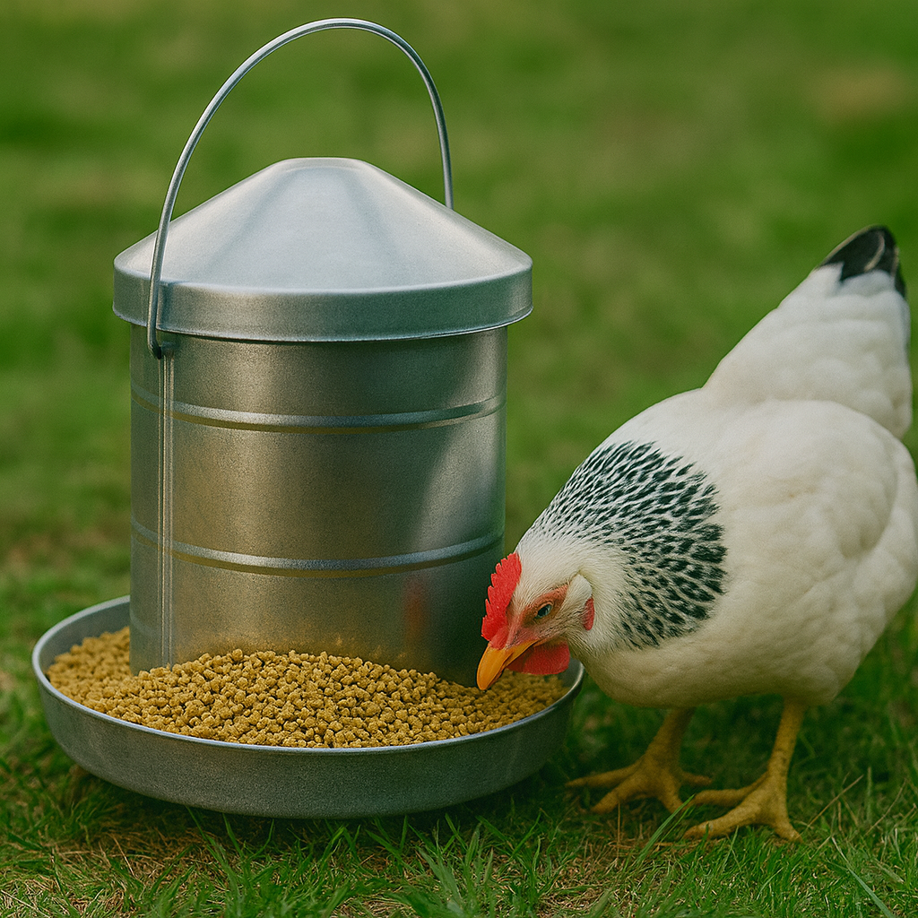 Chicken eating from a metal feeder with food on a grassy background