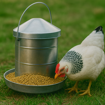Chicken eating from a metal feeder with food on a grassy background