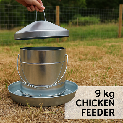Galvanised Metal Poultry Feeder – 9kg Chicken Feeder with Anti-Waste Design