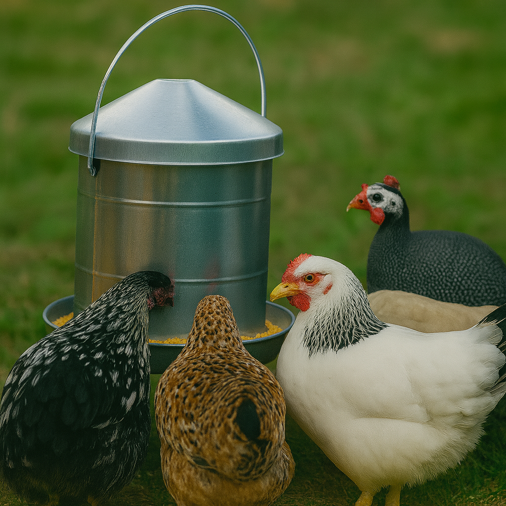 Group of chickens around a metal feeder on a grassy field