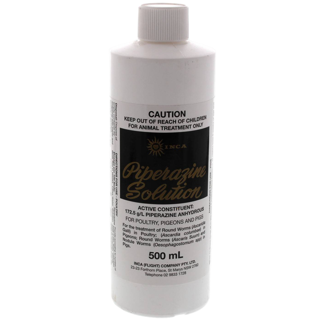 Bottle of Piperazine Solution with label on a white background