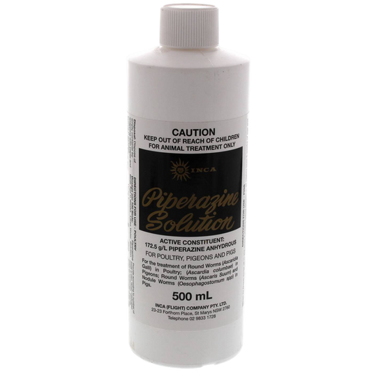 Bottle of Piperazine Solution with label on a white background