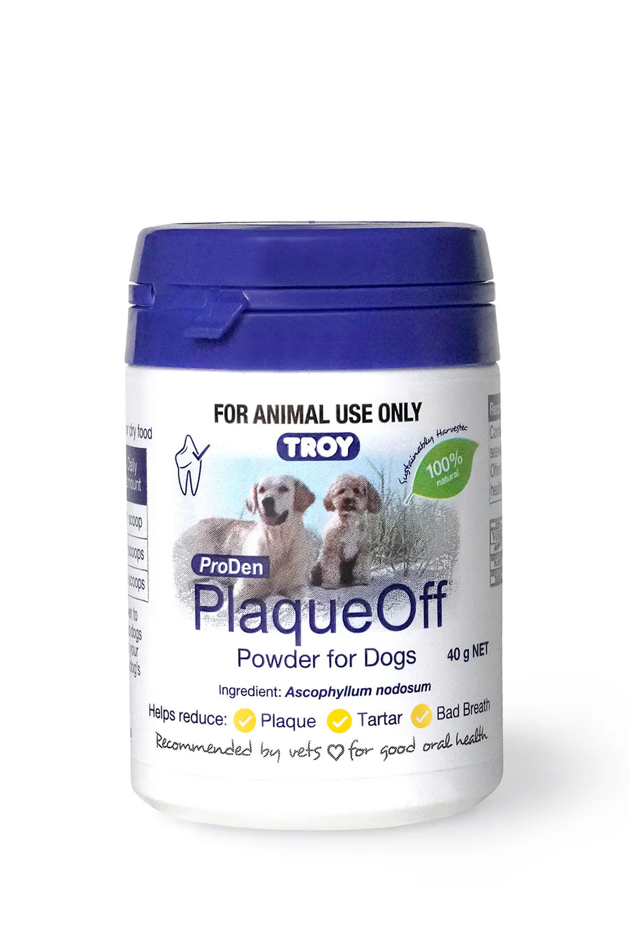Troy PlaqueOff Powder for Dogs packaging on a white background