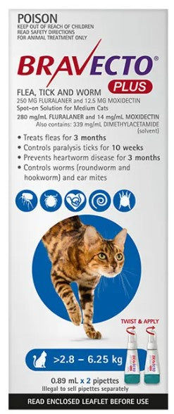 Bravecto Plus For Cats 2.8-6.25kg 2 x  Pipettes (Blue)