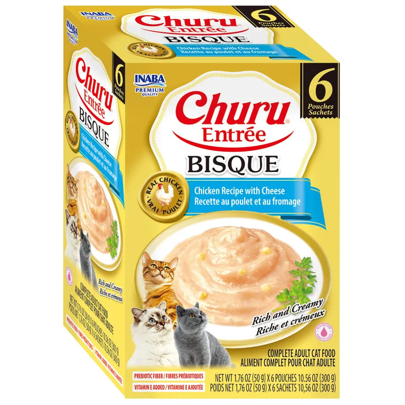 Inaba Churu Entrée Bisque Chicken with Cheese wet cat food 6 x 50g pouch pack side view