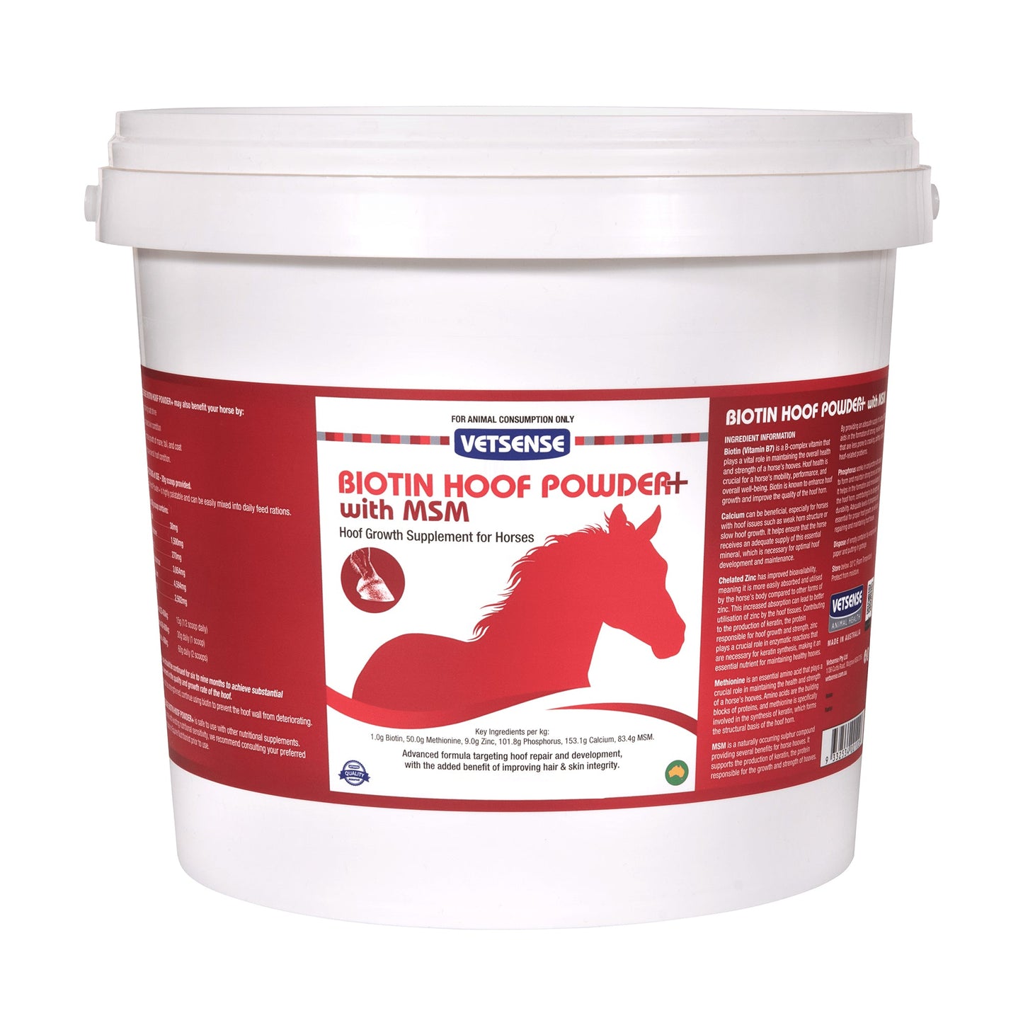 White container of Vetsense Biotin Hoof Powder with MSM for horses on a white background