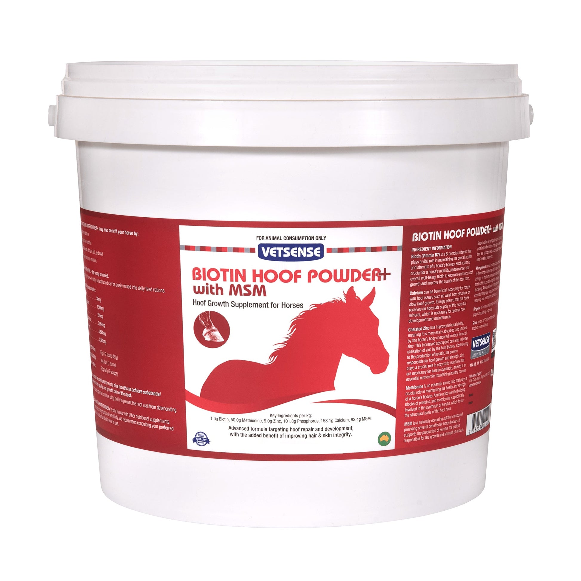 White container of Vetsense Biotin Hoof Powder with MSM for horses on a white background