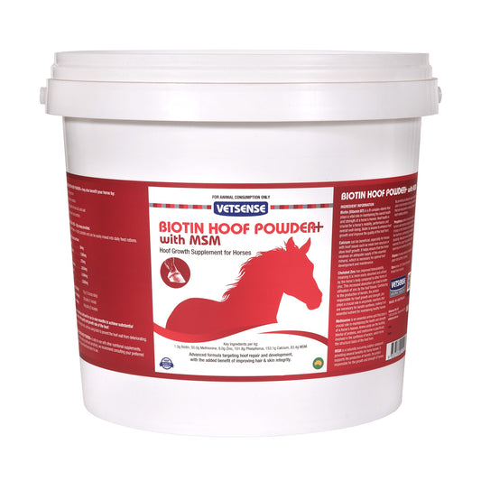 White container of Vetsense Biotin Hoof Powder with MSM for horses on a white background