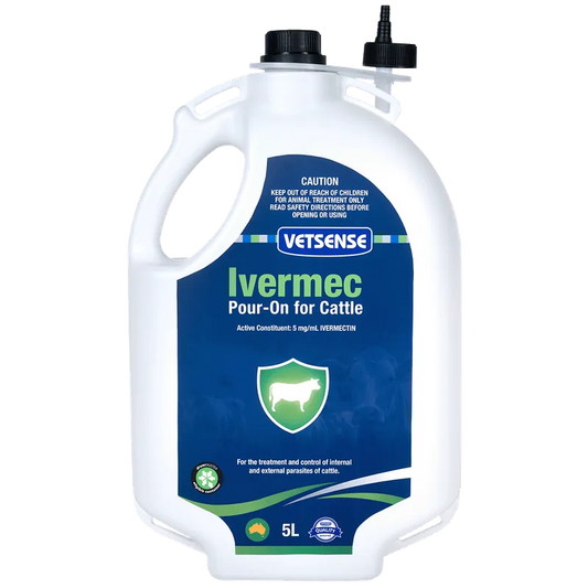 Vetsense Ivermec Pour-On 5L cattle parasite control product used in commercial beef cattle operations in Australia