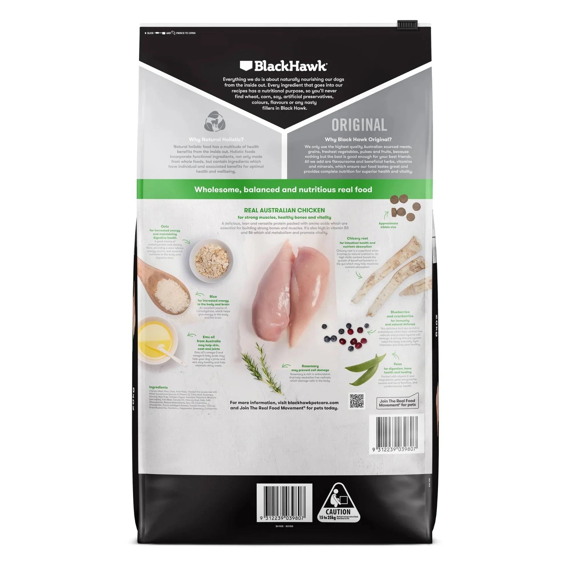 back of bag BLACKHAWK Large Breed Chicken And Rice Adult Dog Food