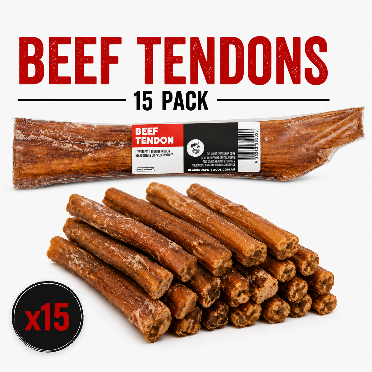 Black Dog Beef Tendons dog chew treats shown as a 15-pack, with several long brown beef tendon sticks piled in front and one wrapped bundle above. Large text at the top reads 'BLACK DOG BEEF TENDONS 15 PACK' on a white background.