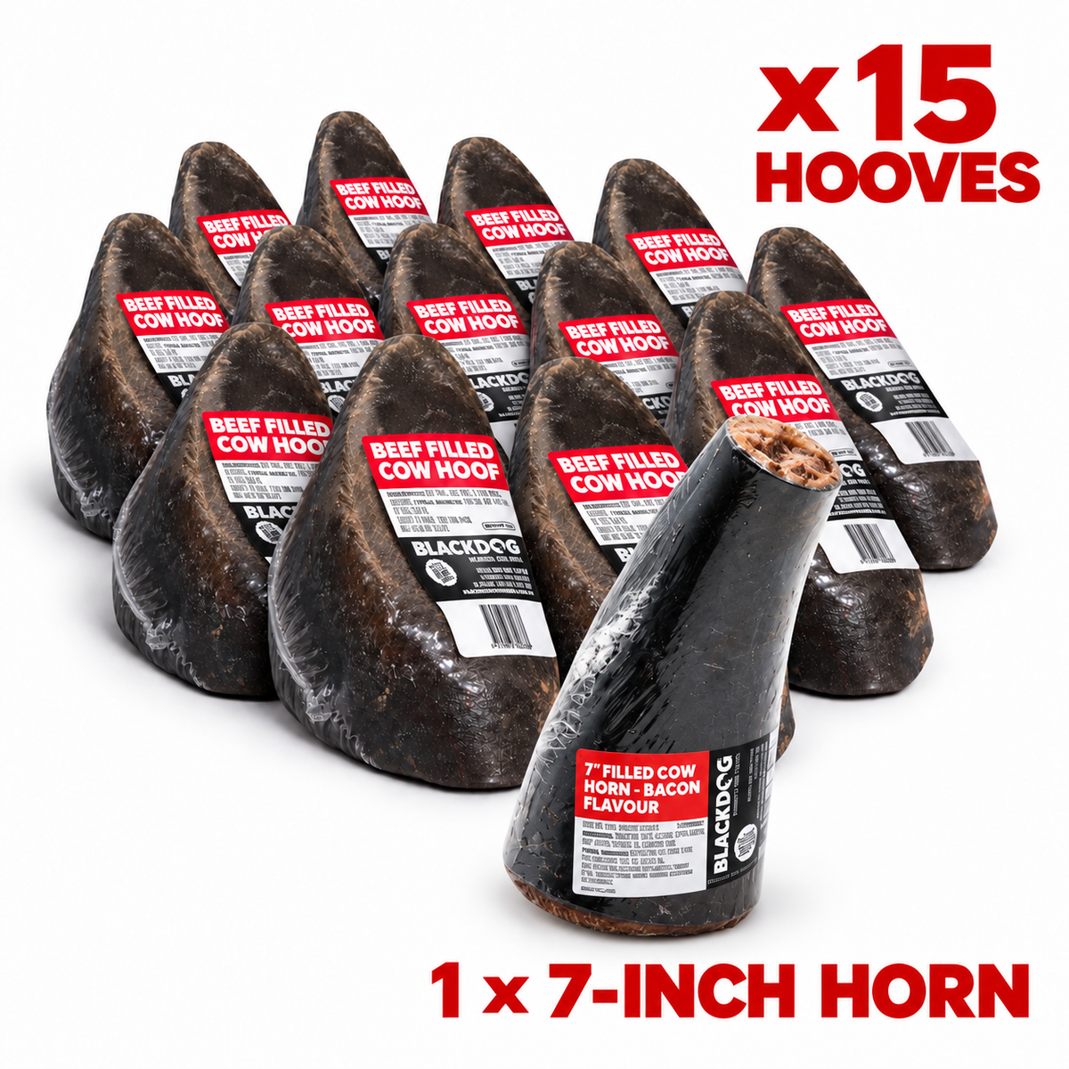 15 Blackdog beef filled cow hooves with one large upright 7-inch bacon filled cow horn
