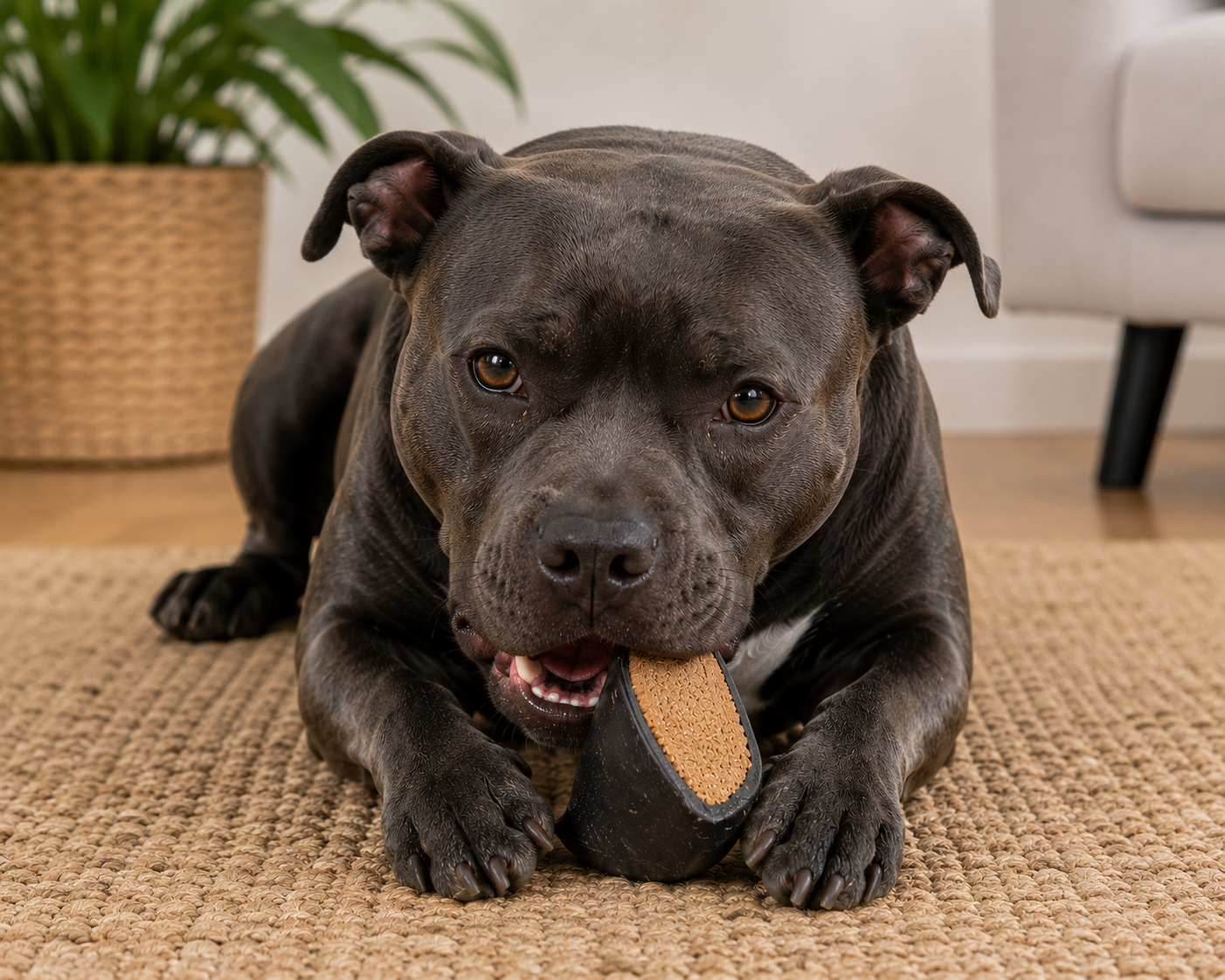 Staffordshire Bull Terrier enjoying a Blackdog Beef Filled Cow Hoof during a supervised chewing session.