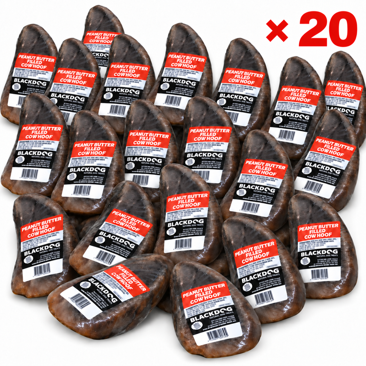 Blackdog peanut butter filled cow hooves 20 pack showing exactly 20 grouped hooves