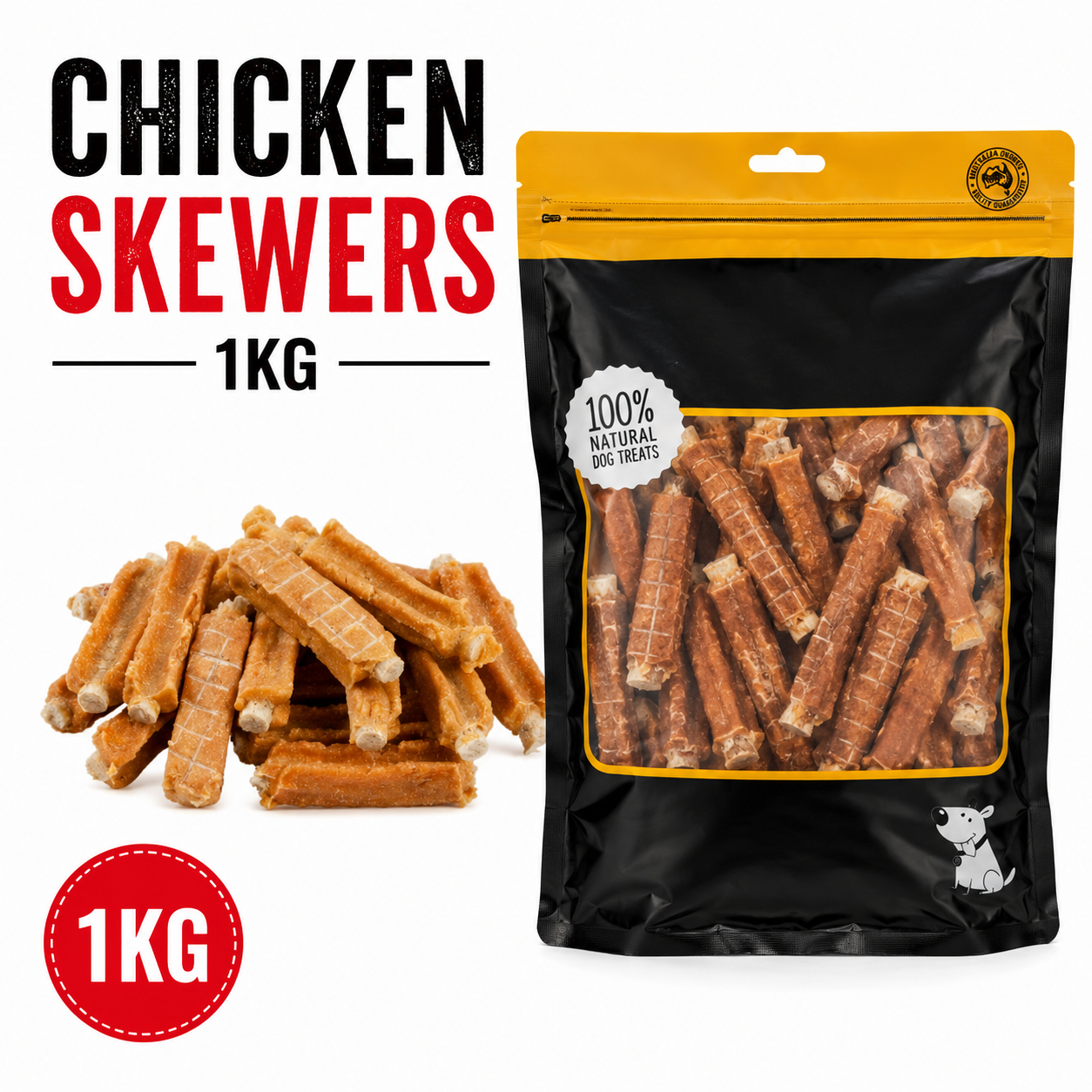 Chicken Skewers 1kg natural dog treats in a resealable pouch with premium chicken skewers displayed beside the pack on a white background. High-protein long-lasting dog chew for dogs of all sizes.