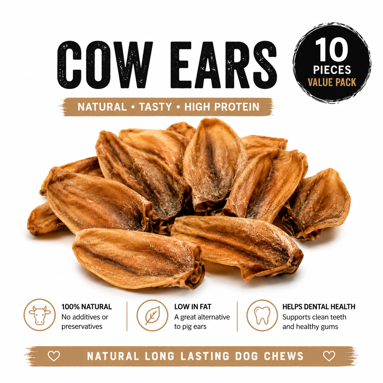 Blackdog Cow Ears 10 Pack showing all 10 natural cow ears included