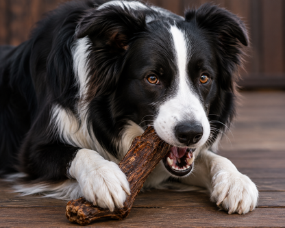 Border Collie enjoying a natural Blackdog lamb neck chew during a supervised enrichment session.