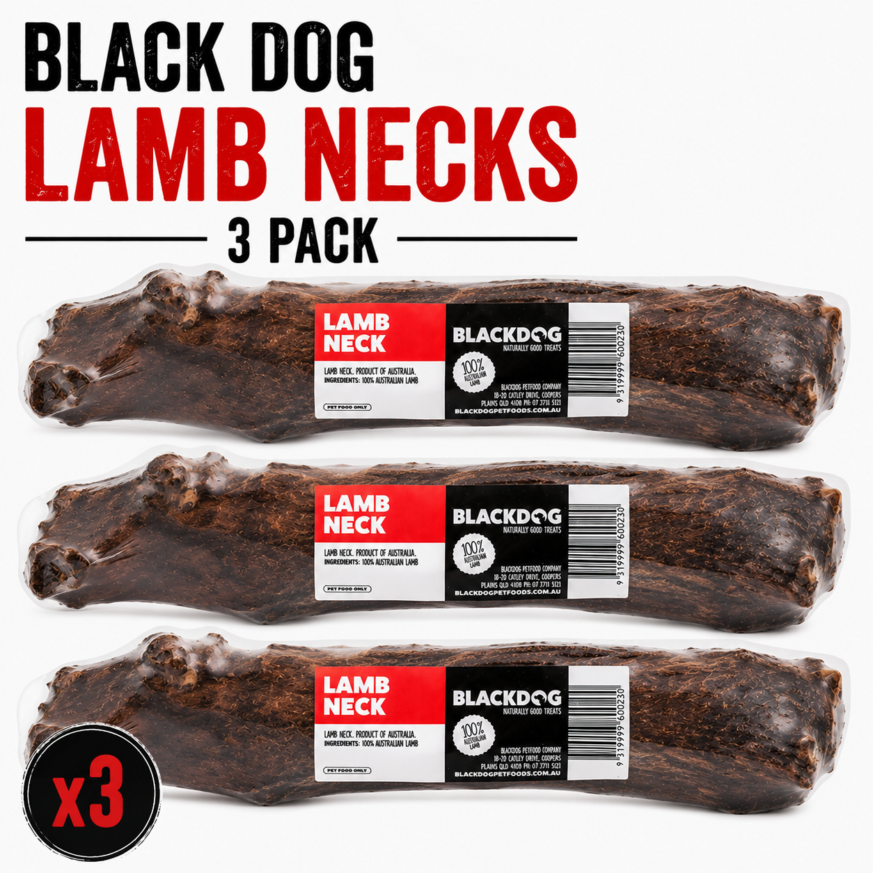 Three natural Blackdog lamb neck dog chews showing the size and texture of the long lasting natural chew.