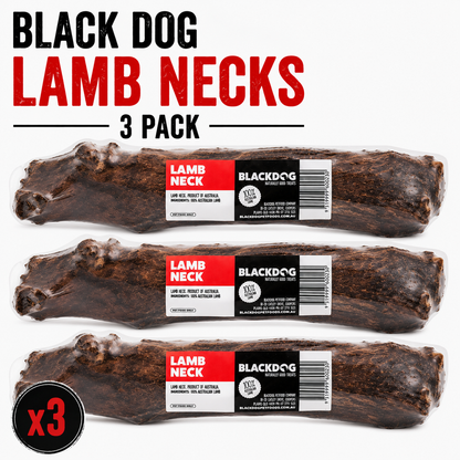 Three natural Blackdog lamb neck dog chews showing the size and texture of the long lasting natural chew.