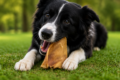 Border Collie enjoying a Blackdog Pig Ear natural long lasting dog chew during supervised enrichment