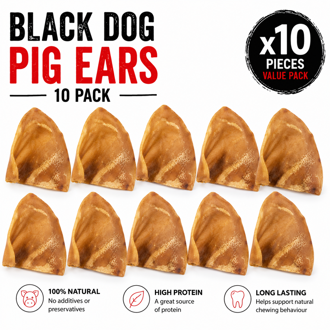 Blackdog Pig Ears 10 Pack showing ten premium natural pig ear dog chews