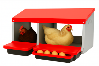 Red chicken coop with two chickens and eggs on a white background